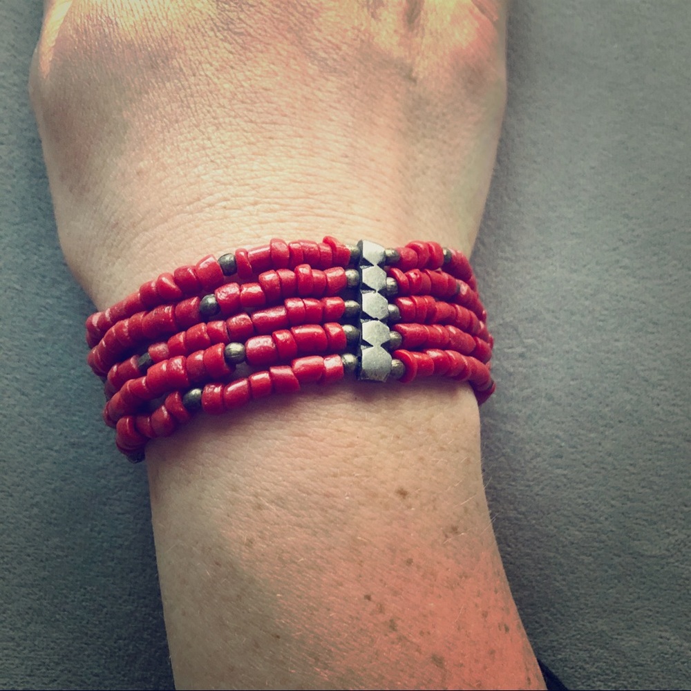 Anthropologie Boho Red Beaded Stone Bracelet